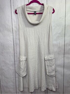 Onzie Linen Dress Lagenlook Minimalist Sleeveless Pockets Cowl Neck Neutral XL